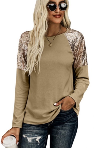 Womens T-Shirt Chic Sequin Decoration Raglan Patchwork Long Sleeve Round Neck Relaxed Fitted Pullover Sweatshirt