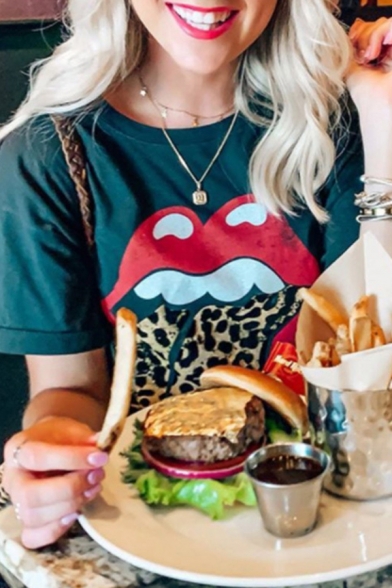 Basic Women's Tee Top Lip Leopard Printed Crew Neck Short-sleeved Regular Fitted T-Shirt