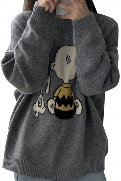 Cartoon Snoopy Jacquard Crewneck Long Sleeve Loose Cozy Gray Sweater