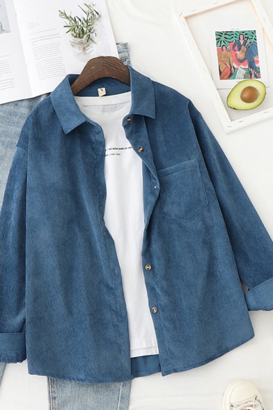Casual Shirt Corduroy Plain Long Sleeve Turn-down Collar Button Up Loose Fit Shirt Top for Girls