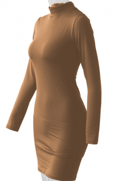 Casual Women's Bodycon Dress Solid Color Mock Neck Long-sleeved Slim Fitted Short Bodycon Dress