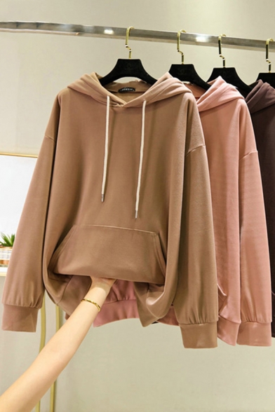 Casual Women's Hoodie Solid Color Kangaroo Pocket Long Sleeves Regular Fitted Drawstring Hooded Sweatshirt