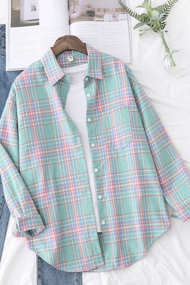 Casual Womens Shirt Plaid Pattern Long Sleeve Point Collar Button Up Loose Shirt Top