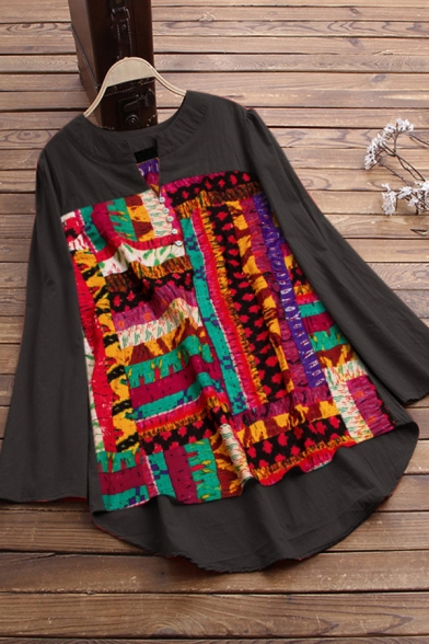 Classic Women's Shirt Blouse Contrast Panel Tribal Pattern V Neck Long Sleeves Relaxed Fit Pullover Shirt