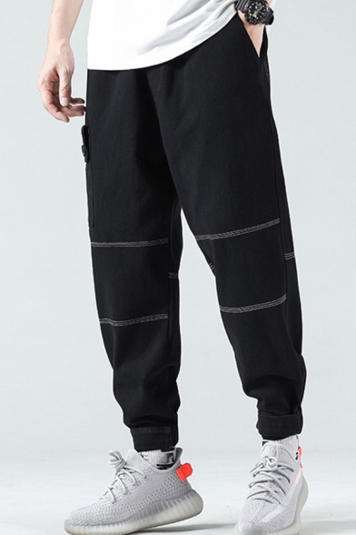 Cool Mens Pants Stripe Print Mid Waist Flap Pocket Ankle Carrot Fit Cargo Pants