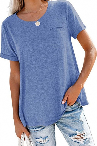 Cozy Solid Color T-shirt Roll-up Short Sleeve Round Neck Loose Fit Tee Top for Girls