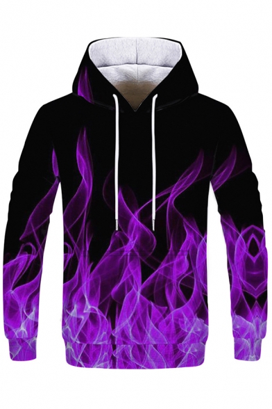 Elegant Men's Hoodie Fire Flame Water 3D Pattern Front Pocket Long-sleeved Regular Fitted Drawstring Hooded Sweatshirt