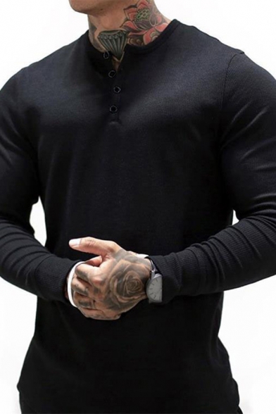 Elegant Men's Tee Top Solid Color Button Detail Round Neck Long Sleeves Training T-Shirt