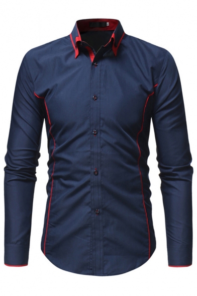 Elegant Mens Shirt Contrast Stitching Button Closure Turn-down Collar Long Sleeves Regular Fitted Shirt