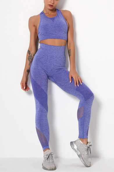 Elegant Women's Yoga Set Space Dye Pattern Hollow out H Back Crew Neck Sleeveless Fitted Crop Top with High Waist Ankle Length Pants Active Co-ords