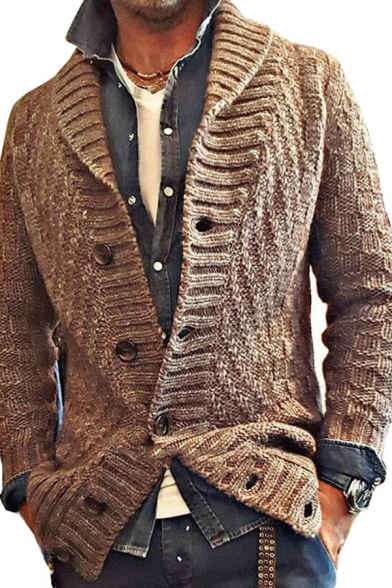Fancy Men's Cardigan Button Fly Ribbed Trim Heathered Lapel Collar Long Sleeves Regular Fitted Cardgian