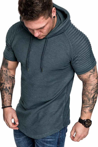 Fancy Men's Tee Top Solid Color Wrinkle Detail Asymmetrical Hem Short-sleeved Regular Fitted Drawstring T-Shirt