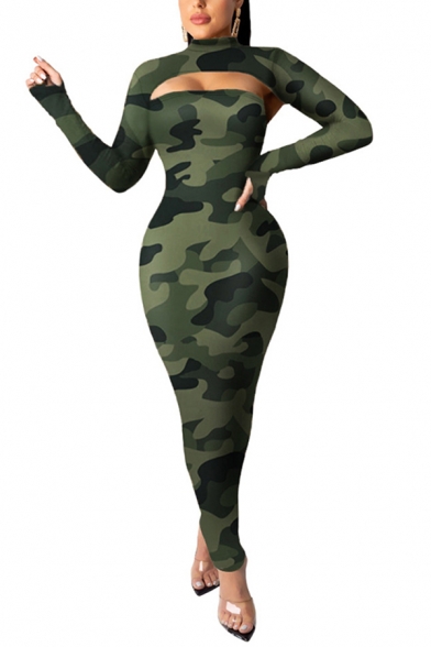 Fancy Women's Dress Leopard Camo Printed Hollow out Mock Neck Long Sleeves Slim Fitted Long Bodycon Dress