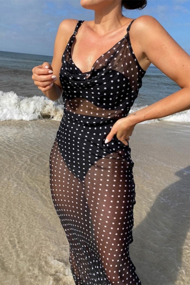 Fancy Women's Maxi Dress Polka Dot Pattern Spaghetti Strap Halter Neck Sleeveless Transparent High Split Maxi Dress