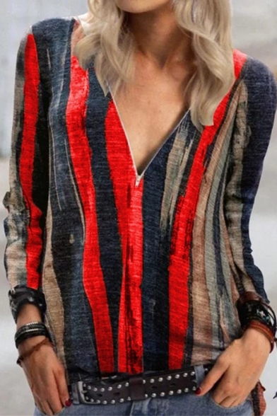 Fancy Women's Tee Top Stripe Printed Color Block Zip Collar Long Sleeves Regular Fitted T-Shirt