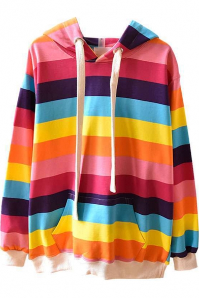 Fashionable Women's Hoodie Color Block Kangaroo Pocket Contrast Trim Long Sleeves Regular Fitted Drawstring Hooded Sweatshirt