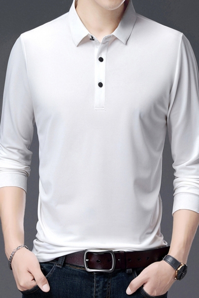 Formal Polo Shirt Silk Long Sleeve Spread Collar Button Up Slim Fit Solid Color Polo Shirt for Men