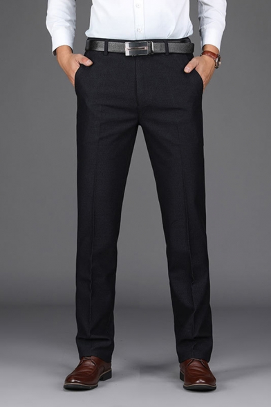 Leisure Men's Pants Solid Color High Waist Zip Fly Side Pocket Long Straight Suit Pants