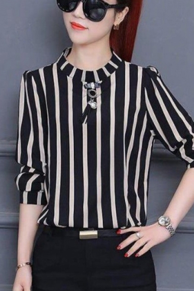Leisure Women's Blouse Stripe Pattern Mock Neck Long Sleeves Regular Fitted Shirt Blouse