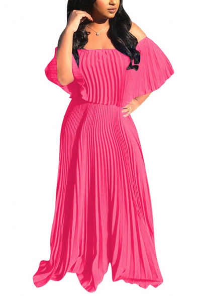 Leisure Women's Dress Solid Color Pleated Design off the Shoulder Maxi Dress