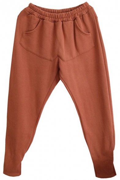 Leisure Womens Jogger Pants Solid Color Front Pocket Brushed Elastic Waist Full Length Jogger Pants