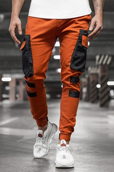 Men's New Stylish Brick Red Multi-pocket Zip Embellished Drawstring Waist Elastic Cuffs Casual Cotton Cargo Pants