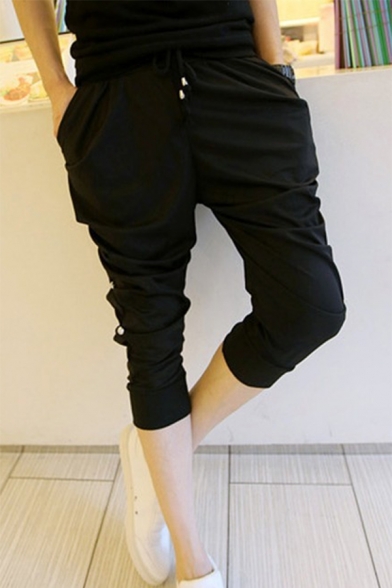 Men's Trendy Simple Plain Rivet Embellished Black Casual Cropped Pleated Harem Pants