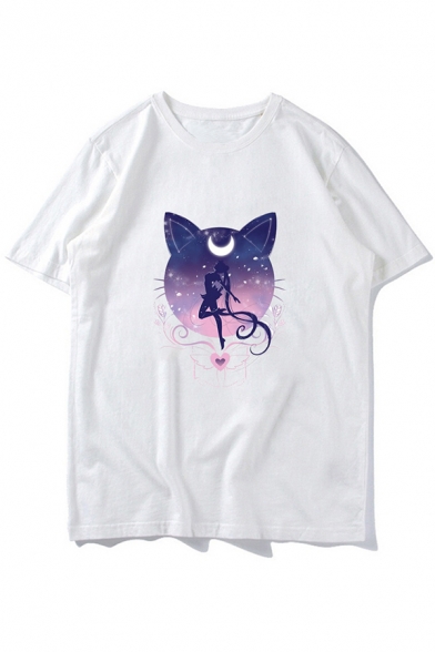 New Stylish Cute Cat Sailor Moon Comic Print Basic Short Sleeve White T-Shirt