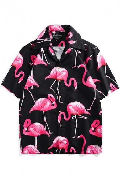 Popular Mens Shirt Flamingo All Over Print Short Sleeve Spread Collar Button Up Loose Shirt Top