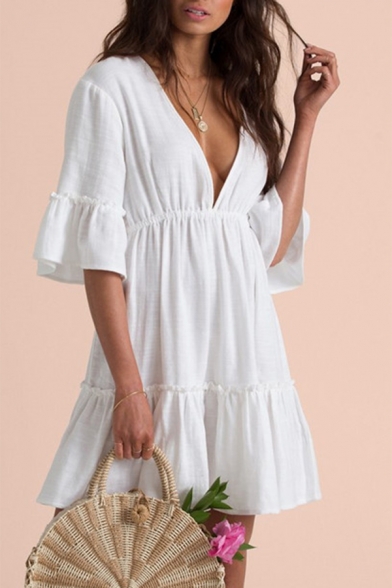 Sexy Short Sleeve V Neck White Plain Mini A-Line Dress