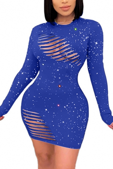 Sexy Womens Dress Patterned Long Sleeve Crew Neck Cut Out Short Tight Dress