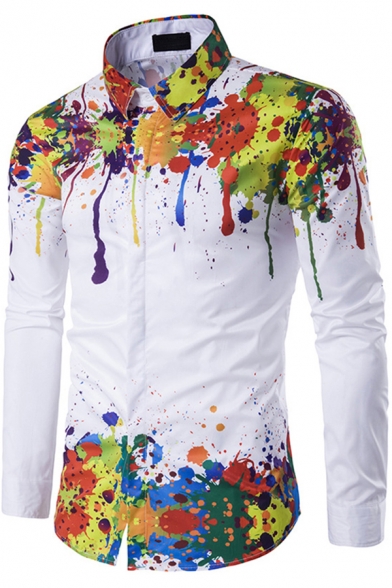 Simple Shirt White Colorful Ink Print Long Sleeve Turn Down Collar Button Up Slim Fit Shirt Top for Guys