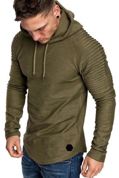 Stylish Mens Hoodie Pleated Solid Color Raglan Label Asymmetrical Hem Long Sleeves Regular Fitted Drawstring Hooded Sweatshirt