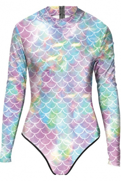 Stylish Women's Bodysuit Digital Fish Scale Print Mock Neck Long-sleeved Slim Fitted Bodysuit