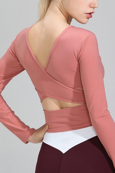 Training Girls Plain Tee Top Long Sleeve V-neck Crisscross Cut Out Fitted Crop T Shirt