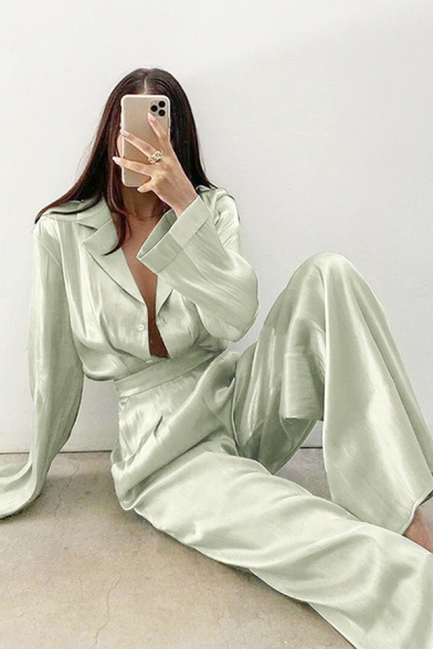 Trendy Ladies Solid Color Set Satin Long Sleeve Notched Collar Button Up Loose Shirt & Long Wide-leg Pants in Green