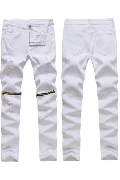 Trendy Men's Pants Distressed Hole Frayed Zip Detail Side Pockets Mid Waist Long Skinny Pants