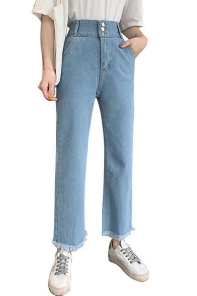 Trendy Women's Jeans Solid Color Frayed Hem Light Wash Button Fly Ankle Length Side Pocket Straight Jeans