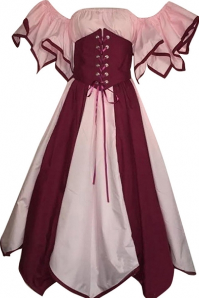 Vintage Womens Dress Patchwork Short Sleeve Off the Shoulder Lace Up Mid Flared Dress
