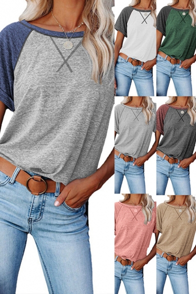 Womens Basic T-shirt Contrasted Short Sleeve Round Neck Relaxed T Shirt
