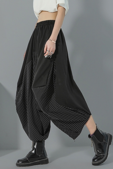 Womens Cool Pants Stripe Printed Elastic Waist Cropped Baggy Sarouel Pants in Black