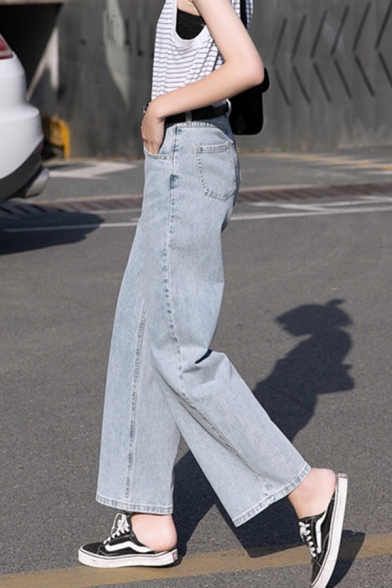 Womens Popular Jeans High Waist Solid Color Long Length Wide-leg Jeans