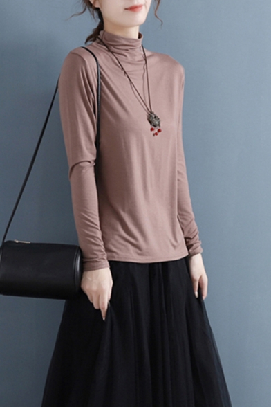 Basic Women's Tee Top Solid Color Turtleneck Elasticity Long Sleeves Regular Fitted T-Shirt