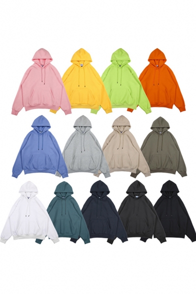 Casual Guys Hoodie Sherpa Lined Long Sleeve Drawstring Pouch Pocket Plain Loose Fit Hoodie