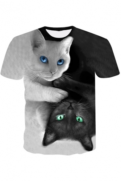 Chic Guys T Shirt Yin Yang Cat 3D Printed Short Sleeve Crew Neck Slim Fit Tee Top