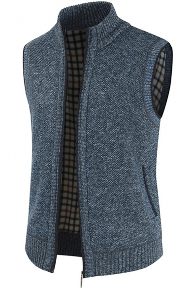 Elegant Mens Knitted Vest Heathered Side Pockets Sleeveless Stand Collar Ribbed Trim Zip Closure Regular Fitted Sweater Vest