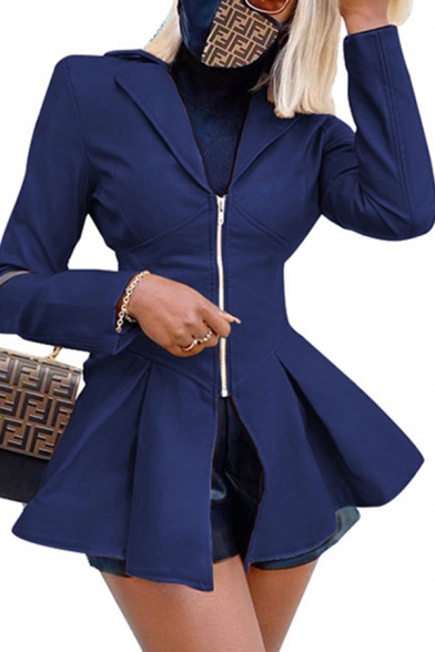 Fancy Women's Jacket Solid Color Zip Fly Notched Lapel Collar Waist Banded Jacket