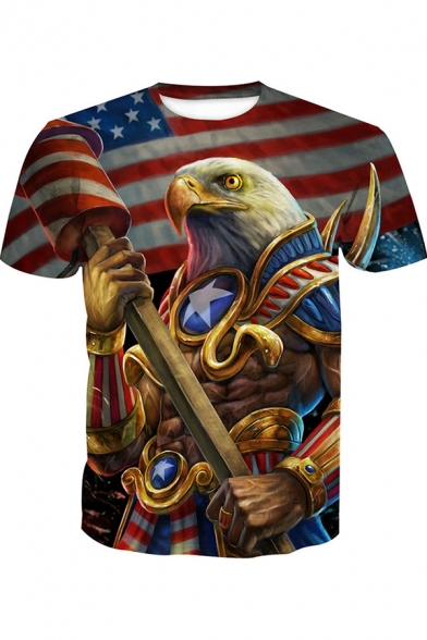 Fashion Guys T-shirt Eagle Flag 3D Printed Short Sleeve Crew Neck Slim Fitted T Shirt in Brown