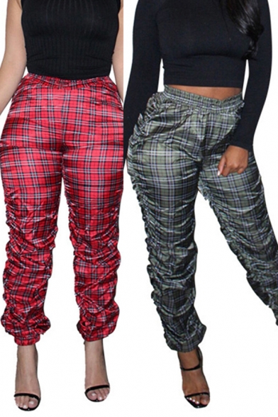 Fashionable Girls Pants Plaid Printed Mid Rise Ankle Length Relaxed Pants