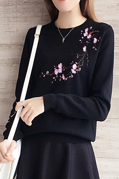 Fresh Asymmetric Embroidery Floral Pattern Long Sleeve Round Neck Sweater